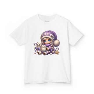 Kids Tee — Cute Winter Elf Girl with Candy Cane & Cocoa (Purple Hat)